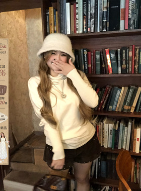 安妮不火 设计感古早堆堆领蝙蝠袖毛织衫女微胖大码收腰气质上衣