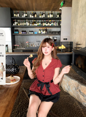 安妮不火 100%棉蝴蝶结绑带格子收腰衬衫女微胖大码短款上衣衬衣