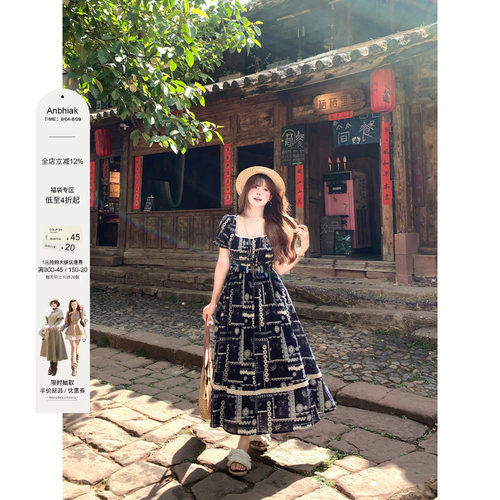 安妮不火 棉制格纹橡筋腰蕾丝花边连衣裙女微胖大码收腰显瘦裙子