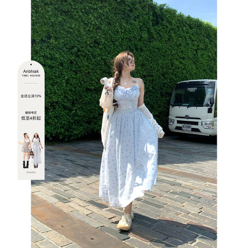安妮不火 甜美海边度假风木耳边碎花吊带裙女微胖大码温柔连衣裙