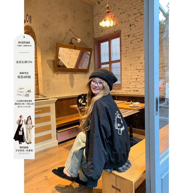 安妮不火oversize格纹拼接kt猫涂鸦夹克女微胖大码宽松显瘦外套图片