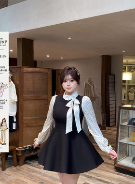 安妮不火 千金风缎面波点拼接娃娃领连衣裙女微胖大码miu系少女裙