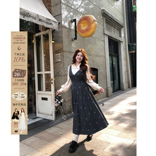 假两件长裙 缎面拼接蝴蝶结绣呢料连衣裙女微胖大码 安妮不火 法式