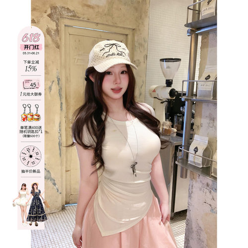 安妮不火 三色自留!缩褶收腰高弹针织T恤女微胖大码修身纯色上衣