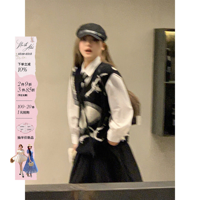 安妮不火 学院风显瘦套装女2025秋冬新款微胖大码黑白马甲针织衫