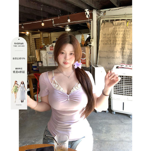 安妮不火 假两件花边拼接领莱赛尔高弹T恤女微胖大码纯欲收腰上衣