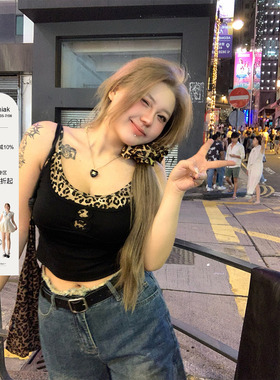 安妮不火 性感甜辣风豹纹拼接假两件吊带女2024新款微胖大码背心