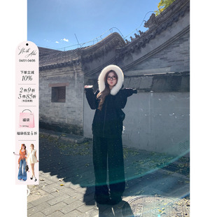 女微胖大码 安妮不火 爆闪烫钻毛领加绒卫衣长裤 套装 保暖两件套装