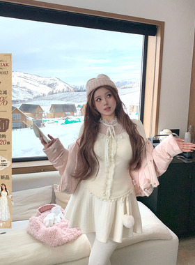 安妮不火 自带胸垫磨毛德绒透视网纱针织衫女微胖大码木耳边上衣