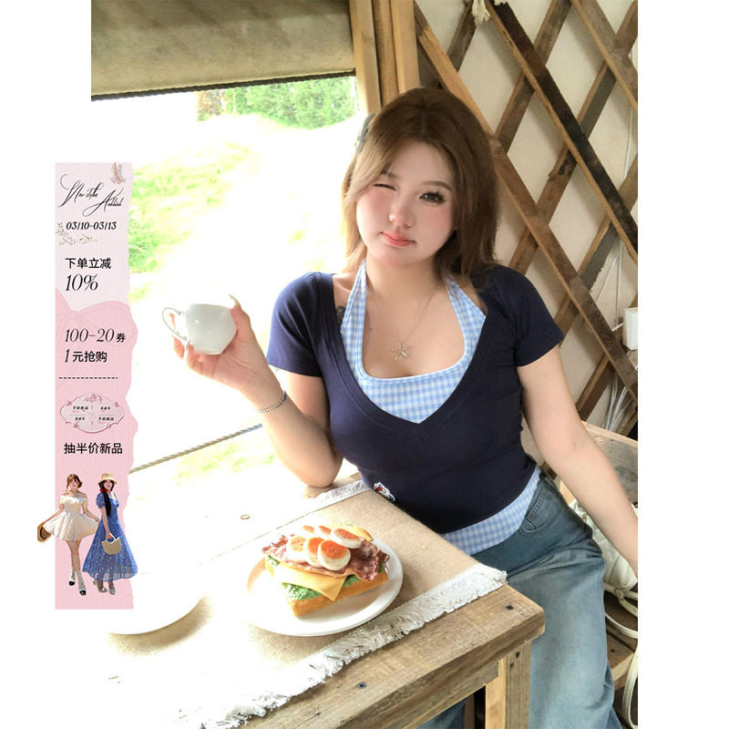 安妮不火 高甜汽泡雨撞色格纹挂脖针织T女微胖大码收腰短袖小上衣