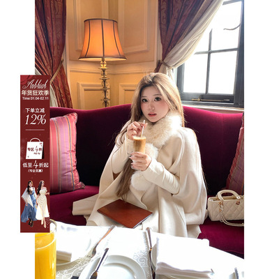 安妮不火 千金感20绵羊毛双面呢斗篷外套女微胖大码遮肉显瘦披风