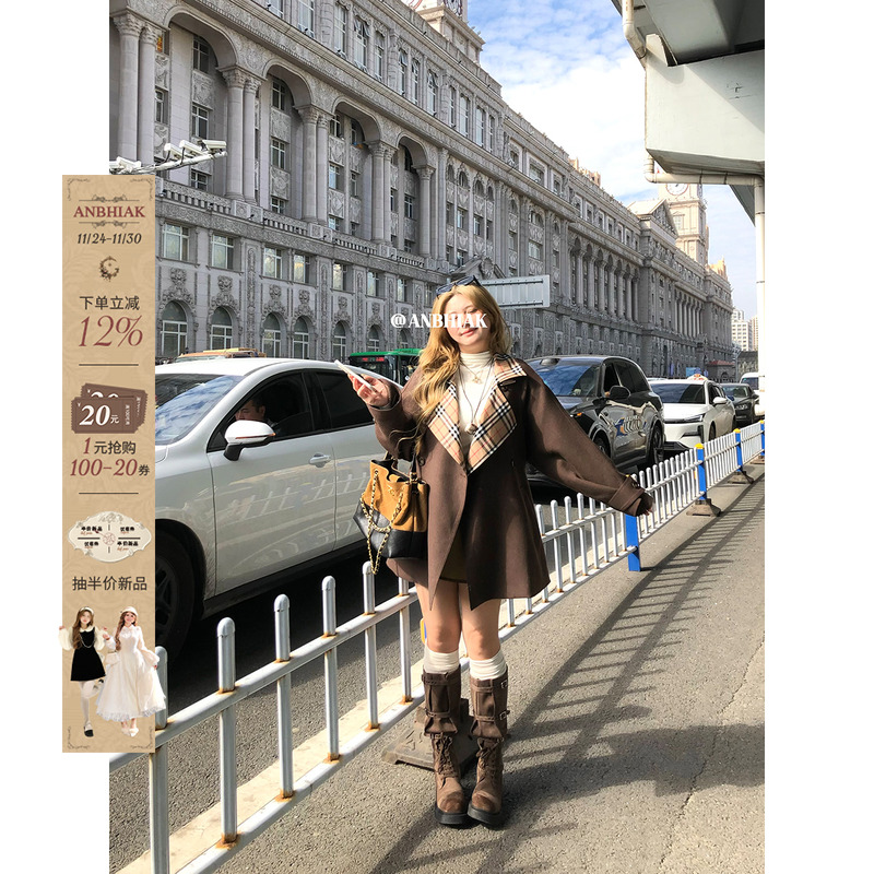 安妮不火 氛围感格纹拼接磨毛猎户短风衣女微胖大码显瘦风衣外套