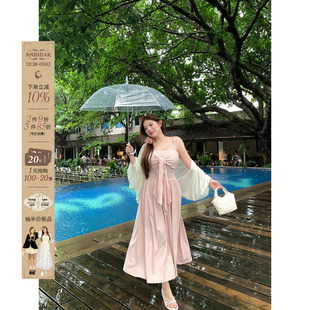 安妮不火 设计感连衣裙 淡颜恋感缩褶收腹大裙摆吊带裙女微胖大码