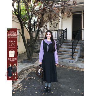 安妮不火百褶背心裙娃娃领衬衫 学院风收腰连衣裙 两件套女微胖大码