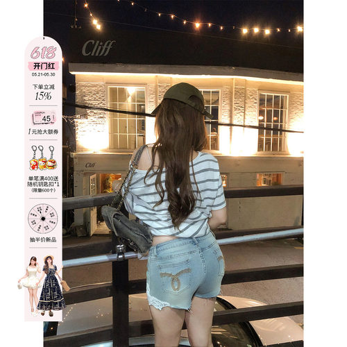 安妮不火设计感做旧蕾丝花边拼接牛仔短裤女微胖大码遮胯显瘦短裤