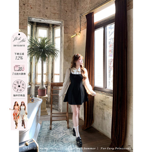 安妮不火 臻版4.0TR面料假两件宫廷小黑裙女微胖大码学院风收腰裙