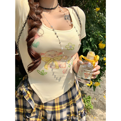 安妮不火卷毛烘焙童趣羊咩咩印花针织T恤女夏季新款微胖大码短袖
