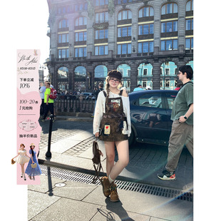 安妮不火  巴恩荒原蜡感做旧皮裙女2025秋新款微胖大码美式背带裙