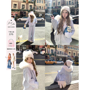 安妮不火 套组女微胖大码 慵懒风宽松套装 kt刺绣毛领卫衣外套长裤