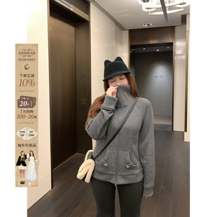 收腰立领开衫 显瘦加绒卫衣外套女微胖大码 螺纹拼接修身 安妮不火