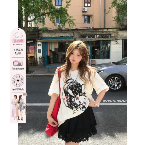 安妮不火 甜睫漫刊甜酷kitty印花针织T恤女微胖大码宽松短袖上衣