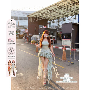 安妮不火 欧根纱荷叶边飘带提花针织连衣裙女微胖大码收腰三件套