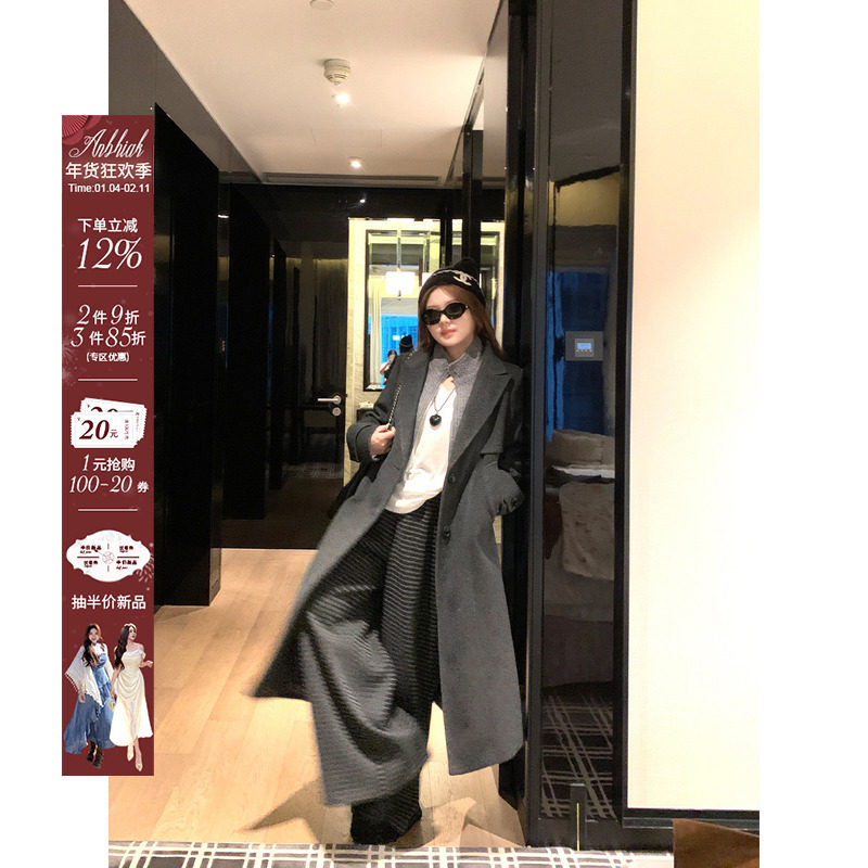 安妮不火 针织拼接撞色假两件呢子大衣女微胖大码中长款毛呢外套