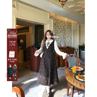 安妮不火 假两件气质裙子 雪尼尔蕾丝拼接娃娃领连衣裙女微胖大码