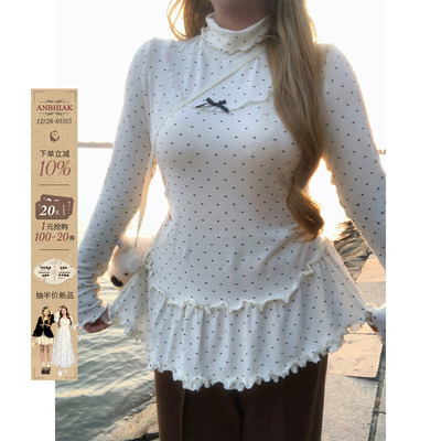 安妮不火 甜美系波点印花蕾丝花边针织衫女微胖大码可爱长袖上衣