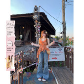 微喇裤 女微胖收腰大码 复古甜辣风蝴蝶结口袋喇叭牛仔裤 安妮不火