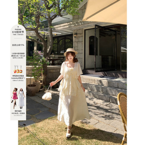安妮不火 度假风蕾丝拼接连衣裙女微胖大码重工设计感收腰吊带裙