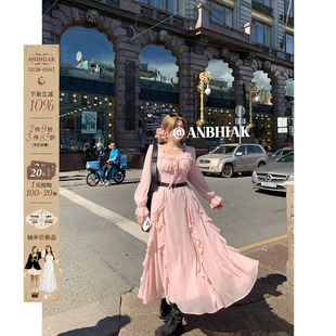大摆裙 法式 安妮不火风之琴鱼骨塑形雪纺裙女2025秋冬新款 微胖大码