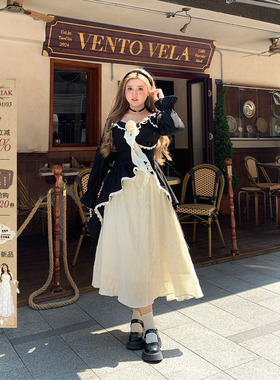 安妮不火赫本风拼接连衣裙女2025秋冬新款微胖大码小众假两件裙子