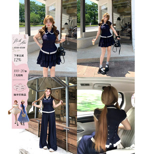 安妮不火 可露丽系带仿牛仔花边衬衫套装女微胖大码显瘦学院套装