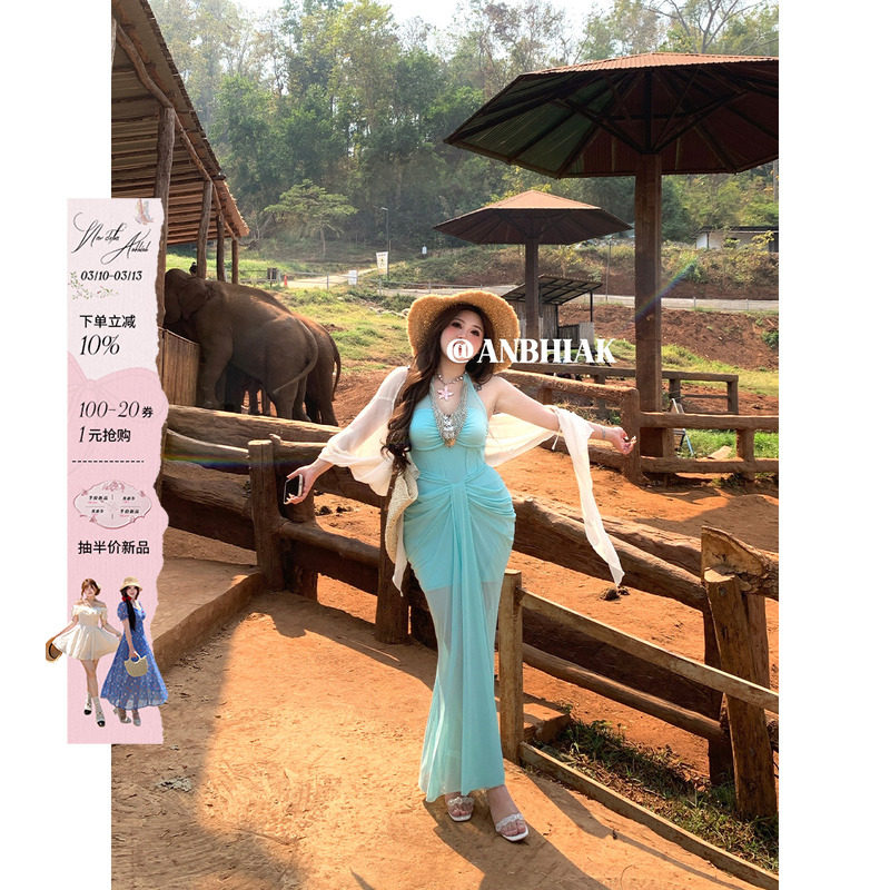 安妮不火 盐砂吻浪度假风挂脖网纱礼服裙女夏新款微胖大码收腰裙