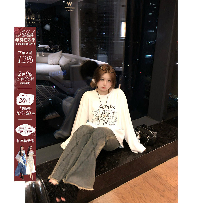 安妮不火 俏皮减龄手工狗狗印花宽松T恤女秋微胖大码美式显瘦上衣