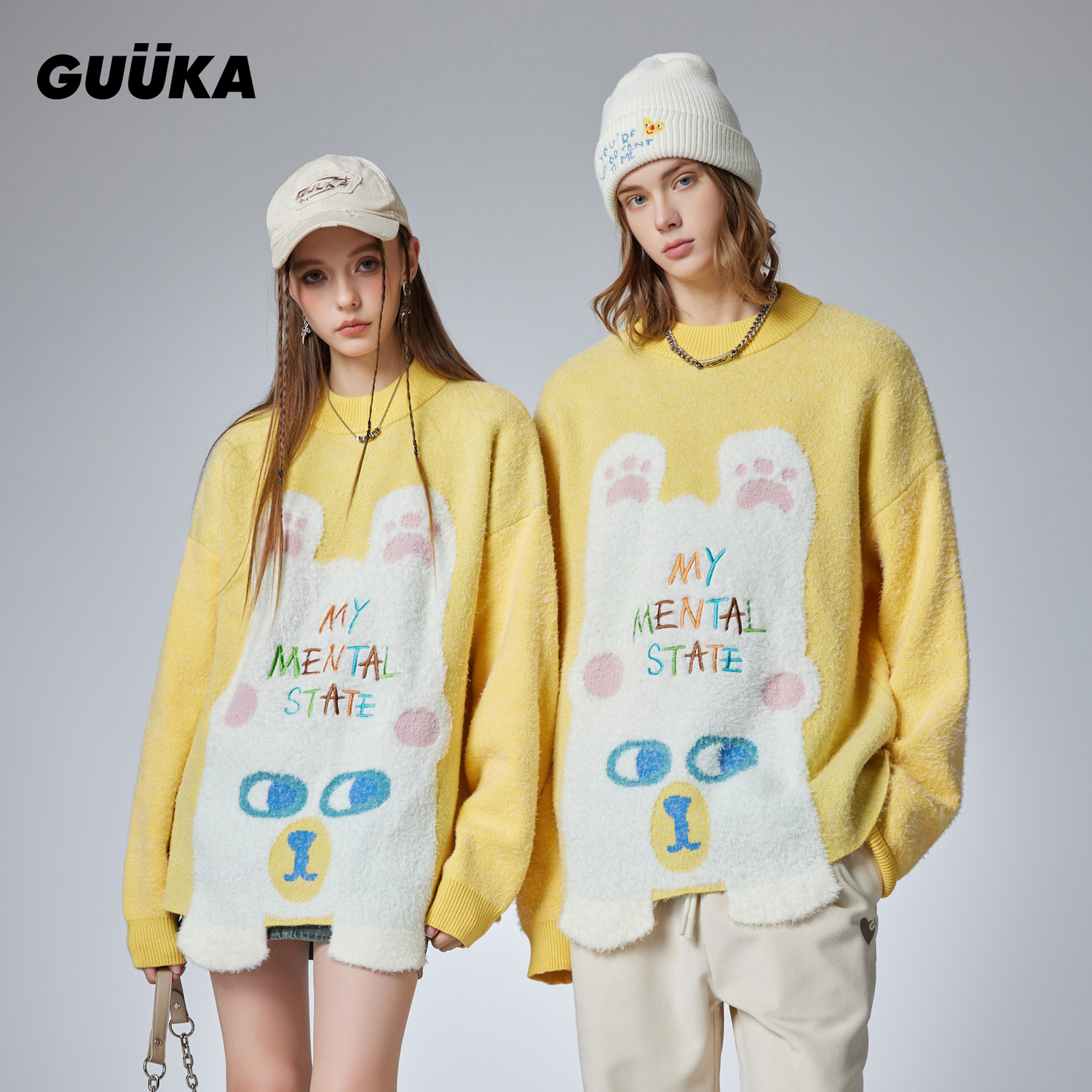 GUUKA潮牌黄色小熊毛衣男宽松 情侣休闲慵懒风休闲半高领针织衫女