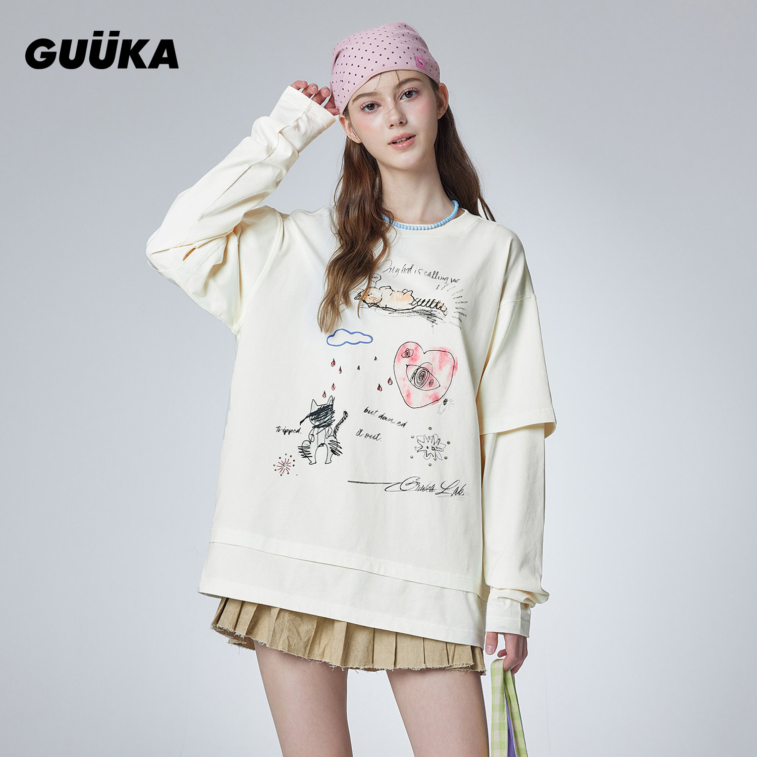 GUUKA潮牌白色猫咪假两件长袖t恤女春季新款烫钻纯棉正肩圆领上衣,女装/女士精品,T恤,淘宝优惠券,粉丝福利购,淘宝优惠卷