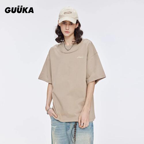 GUUKA纯棉复古落肩刺绣T恤男