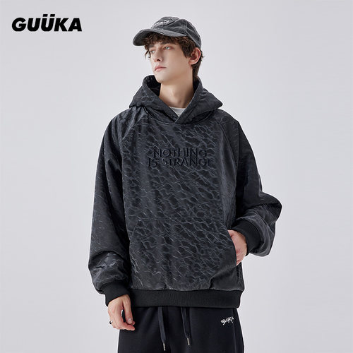 古由卡男PU皮羊羔绒连帽夹克