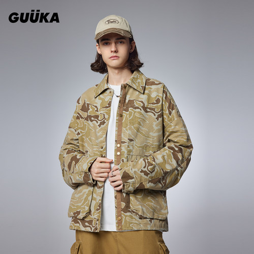 GUUKA卡其色迷彩工装夹克男春秋新款潮 美式复古立体口袋外套宽松