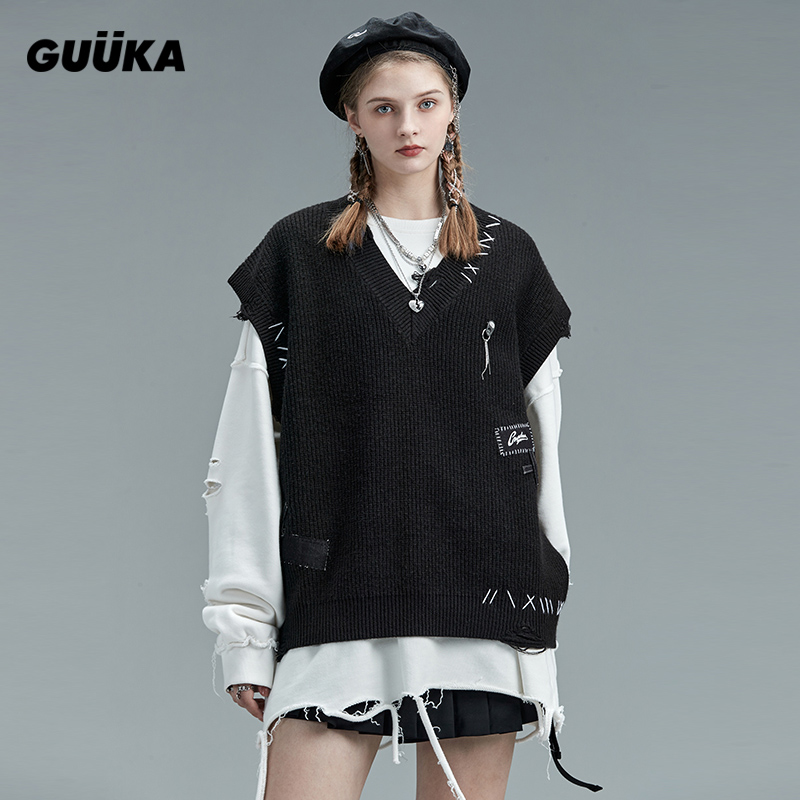 明星同款美式破洞叠穿针织马甲潮