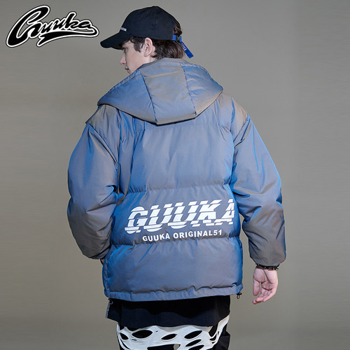 古由卡潮牌反光幻彩加厚棉服男