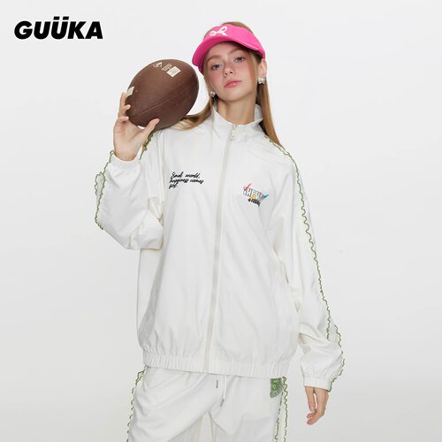 GUUKA休闲运动套装拼接荷叶边夹克宽松 潮牌奶白色春季立领外套女