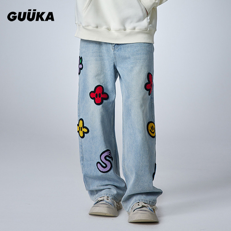 双高胎同款美式牛仔裤情侣 Agaho联名猫须花朵刺绣直筒阔腿裤宽松,男装,牛仔裤,淘宝优惠券,粉丝福利购,淘宝优惠卷