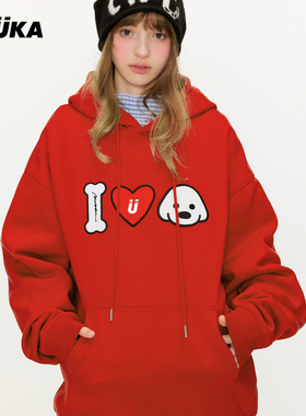 GUUKA小狗针织连帽衫落肩上衣宽松 matsui联名红色加绒加厚卫衣女