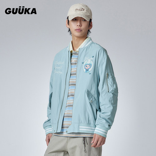 GUUKA情侣贴布绣棒球领外套正肩 潮牌蝴蝶纽扣飞行夹克男春季新款