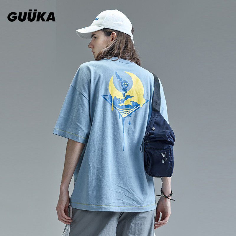 Guuka潮牌嘻哈印花运动五分袖TEE宽松 古由卡联名蓝色短袖T恤男