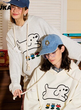 陈奕恒同款GUUKA情侣上衣女套头衫 matsui联名小狗刺绣连帽卫衣男