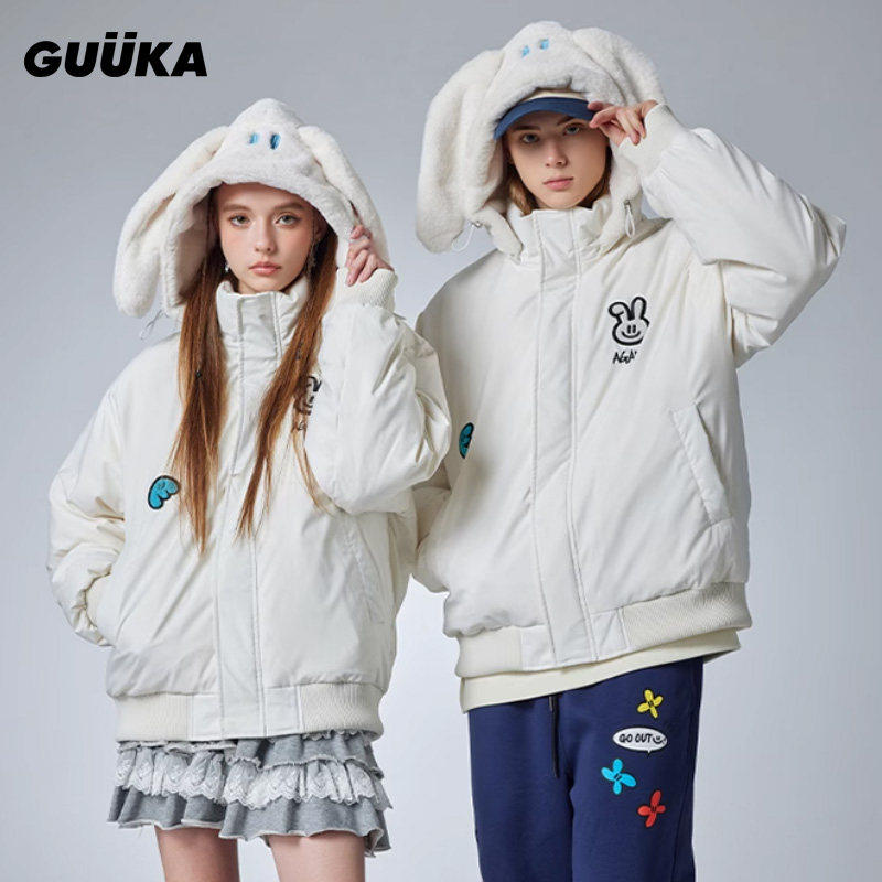 GUUKA情侣羽绒服男冬季加厚 Agaho联名白色兔耳朵保暖外套女宽松